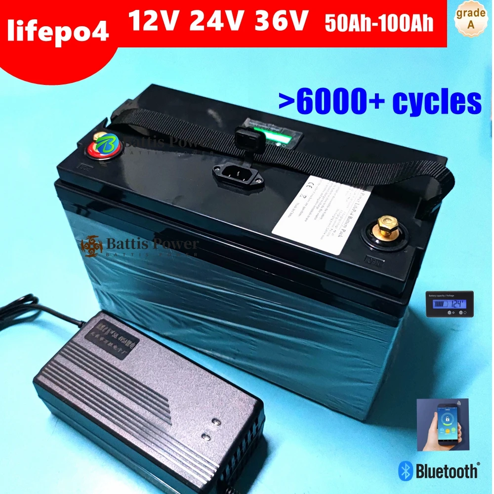 LRKK 12V 100AH 120Ah 150Ah 24V 36V 40Ah 50AH 60Ah 80Ah lifepo4 lithium battery deep cycle batteries bluetooth BMS with charger