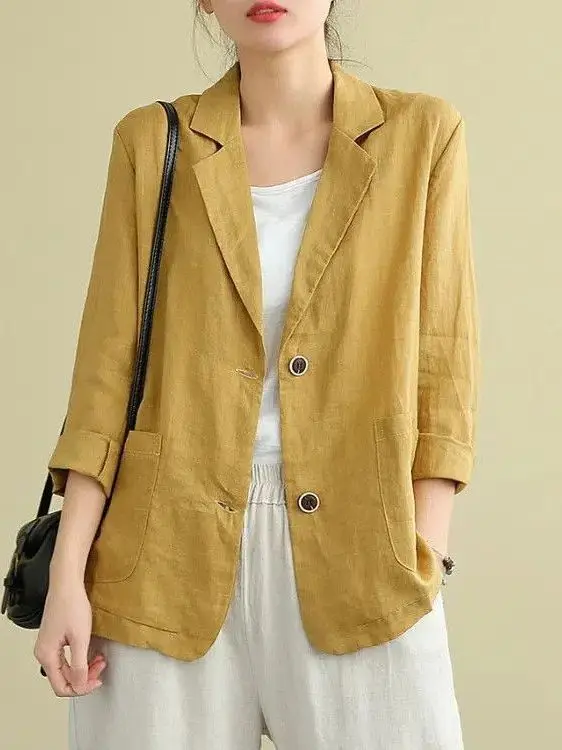 

Cotton Linen Jaet Small Suit Loose Artistic Long Sve Casual Elegance Outerwear Women's Faion Spring Summer New Arrival