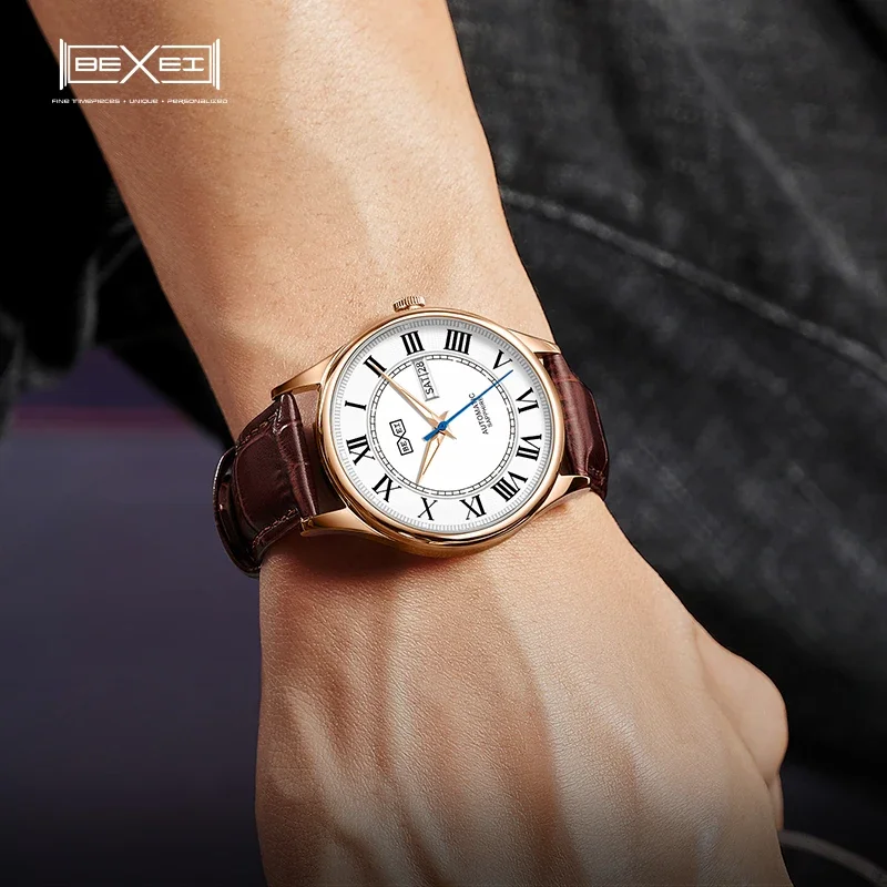 BEXEI 2025 Displays for date day of the week mechanical Automatic Movement Roman Numerals Man watch sapphire Crystal
