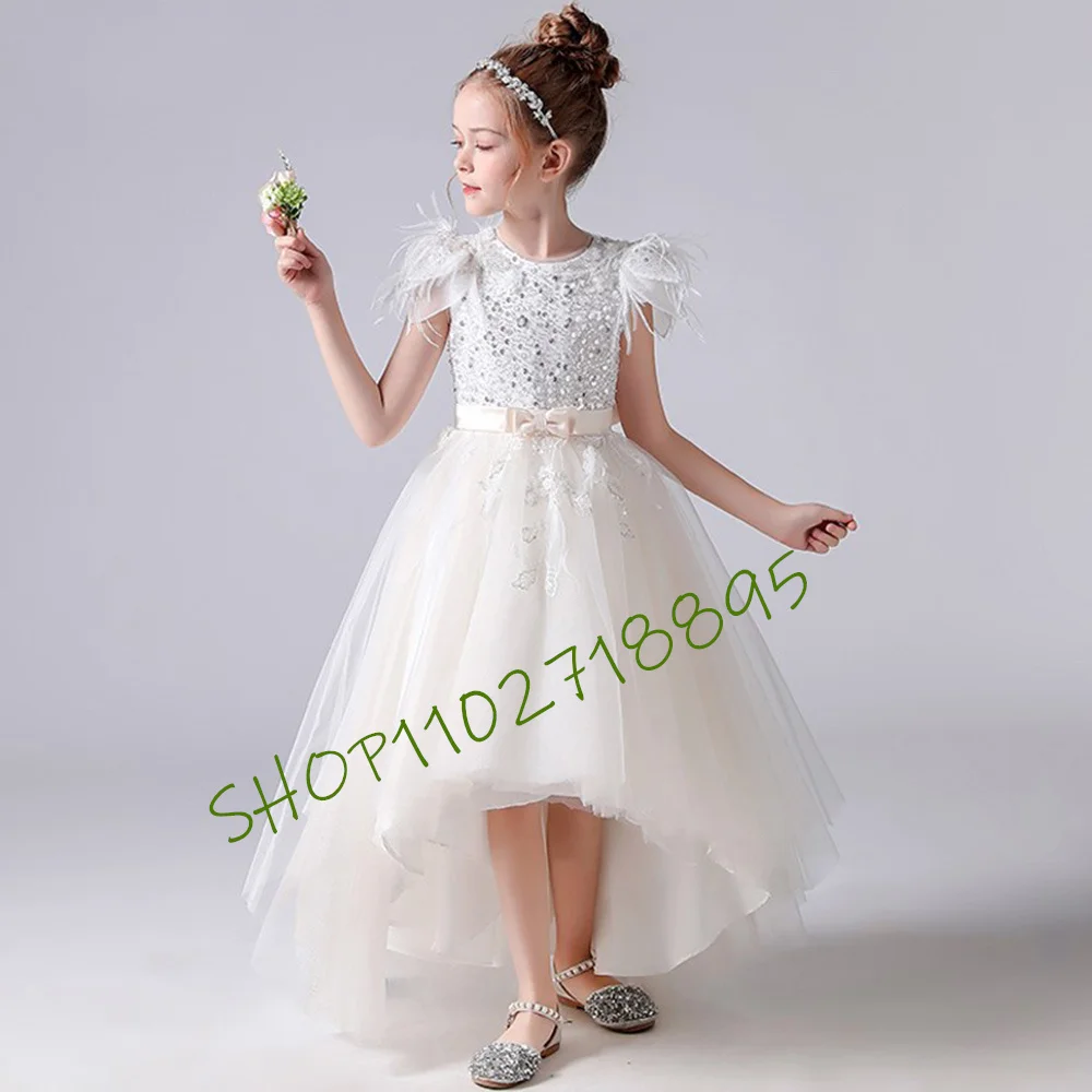 

Sequined Hi-Lo Girls Formal Birthday Party Gowns Tulle Flower Girl Dresses Junior Bridesmaid Dress For Wedding