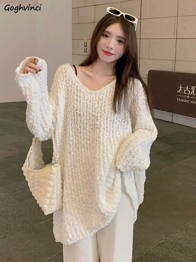

Medium-long V-neck Pullovers Women Soft Lazy Baggy Sweaters Korean Fashion Simple All-match Knitwear Temperament Ins Autumn New