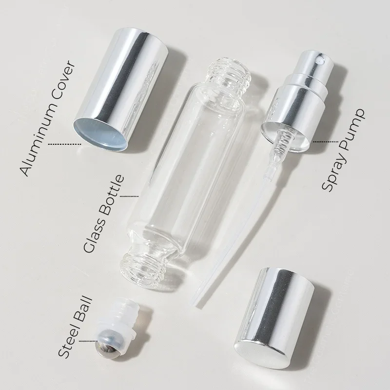 5/10Pcs 10ml Double-headed Perfume Glass Bottle Rolling and Mist Spray Silver Aluminium Bottles Fragrance Atomizer Wholesale Set