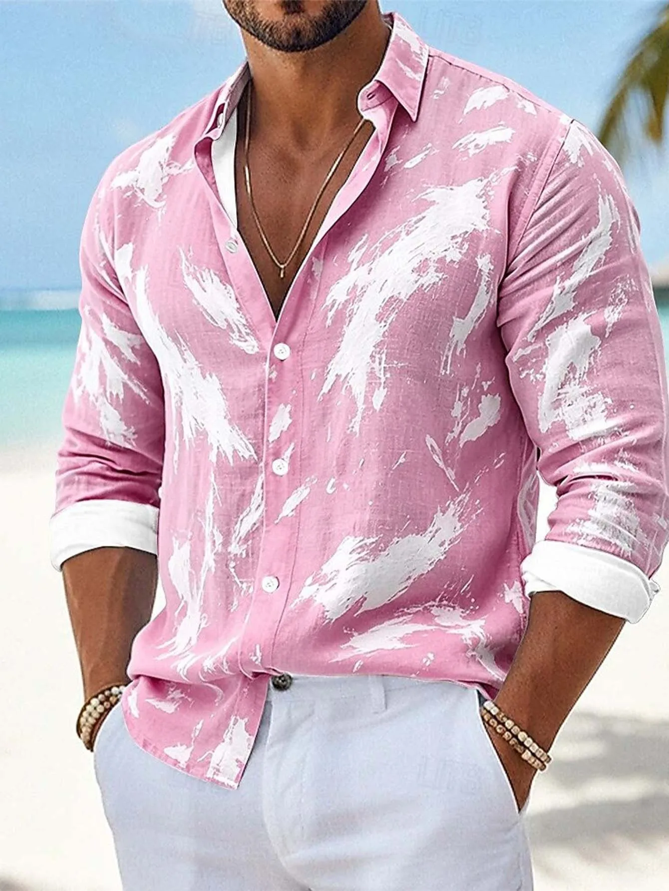Men's Shirt Long Sleeve White Splash Ink Brush Print Turn‑Down Collar Button Front Loose Casual Autumn Holiday Top Men Clothes