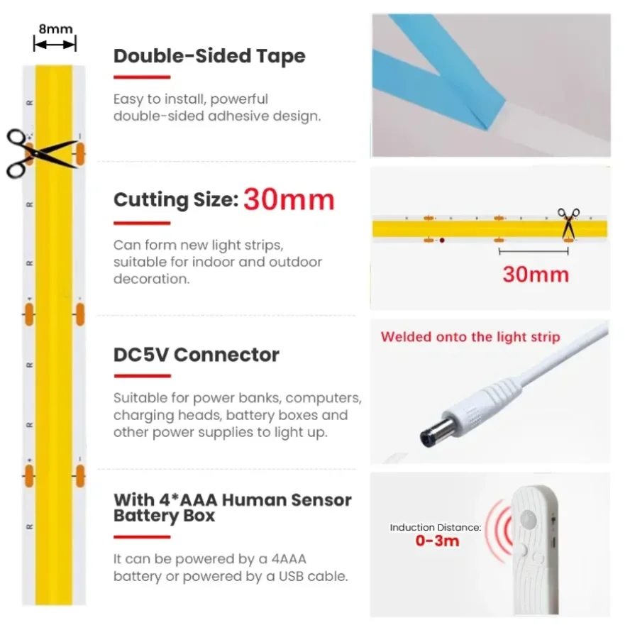 Smart Sensing Adjustable COB Light Strip Motion Sensor Led Induction Night Light for Hoom, Bedroom, Bed Lighting DIY Decoration - view 3