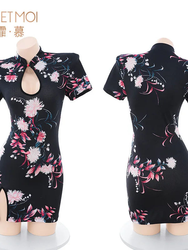 Exotic Summer Fashion Women's Clothing New Round Neck Kangaroo Pocket Hollow Print Chinese Style Cheongsam Elegant Dress LJEQ