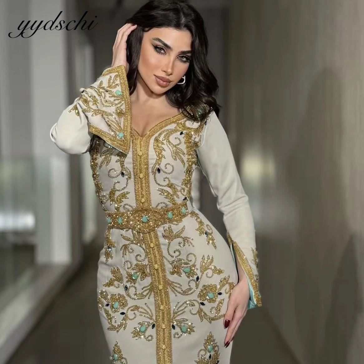 Caftan personnalisé or Applique perlée Abaya dubaï robe de bal caftan moyen manches longues فسات intelliات robes de soirée