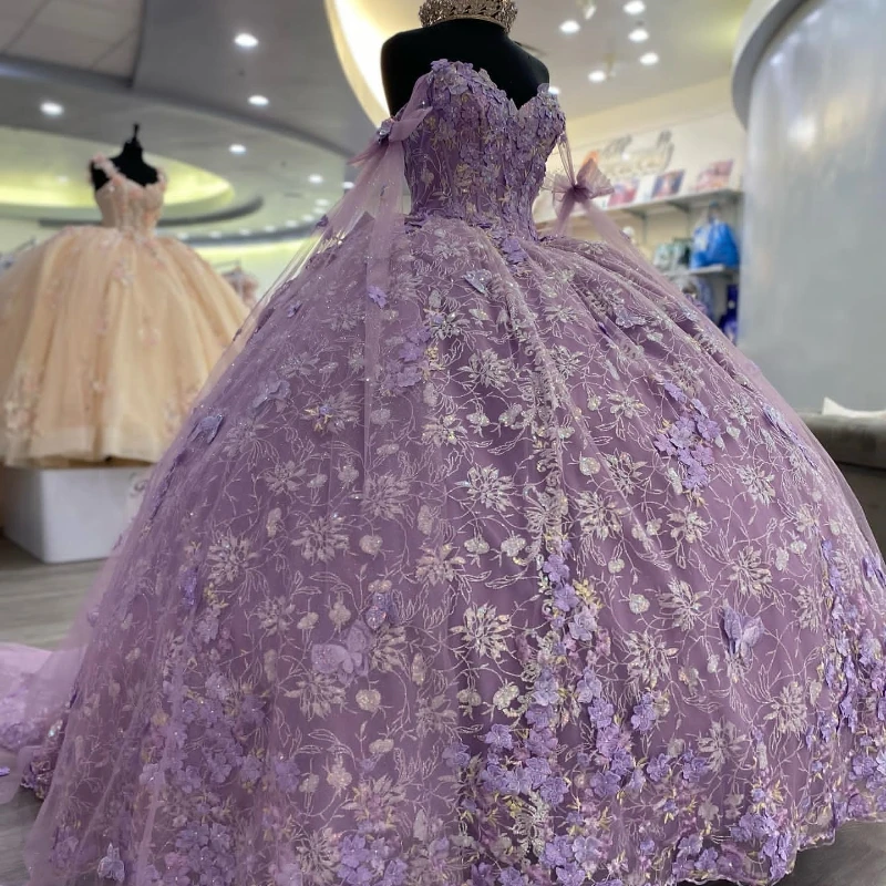 

Sparkly Purple Sweetheart Princess Ball Gown Quinceanera Dress Off The Shoulder Lace 3DFlower With Bow Sweet 16 Dress Vestidos D