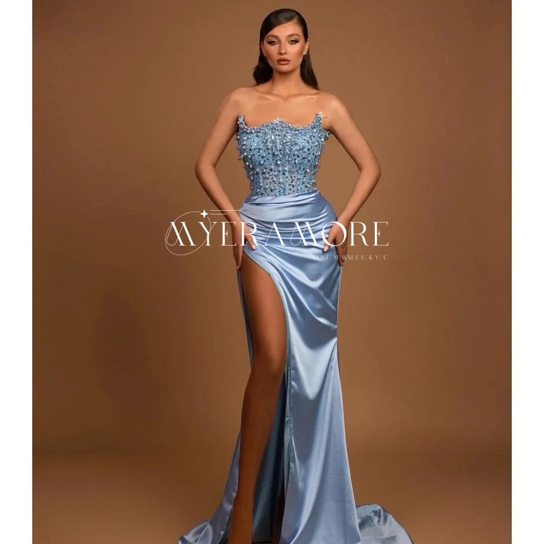 

Customized Dusty Blue Formal Evening Dresses Strapless Mermaid Side Slit with Train Backless Party Dresses Beaded Prom Gown 2025