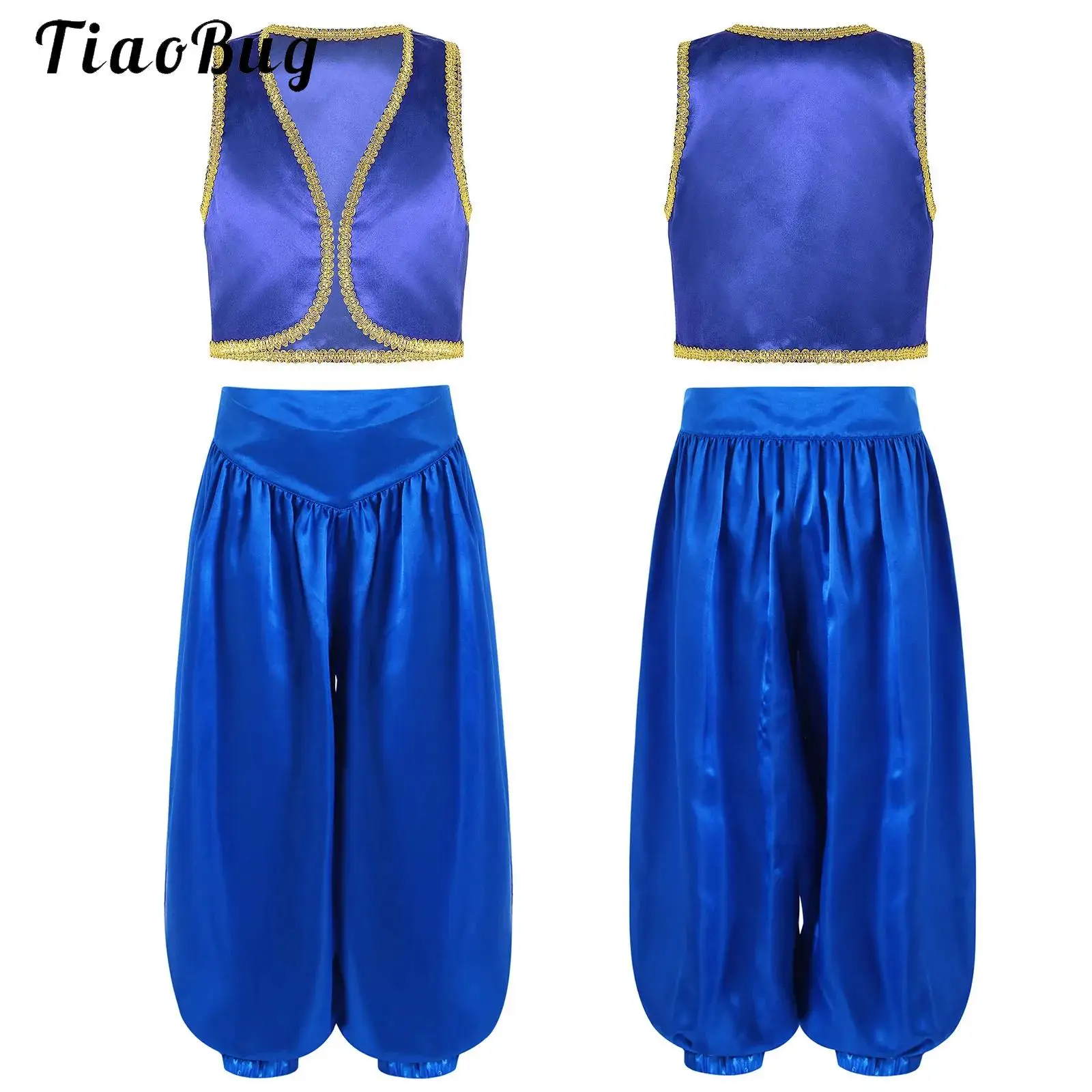 Boys Arabian Costume Arabian Prince Dress Up Golden Trim Vest And Satin Bloomers Pants Halloween Fairytale Character Performance