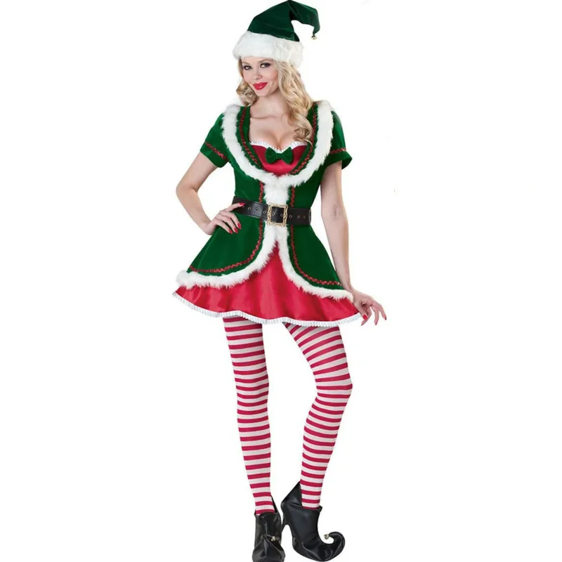 2025 NewMen Women Velvet Christmas Cosplay Costume Couple Santa Claus Uniform Green Elf Xmas Suit Winter Sexy Fancy Par AA