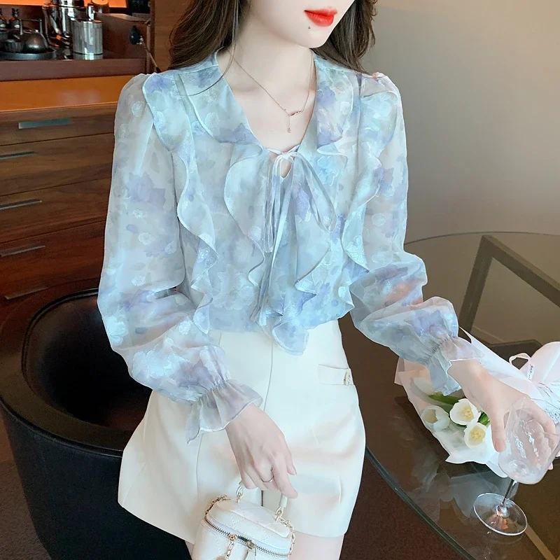 

Autumn Women's Long Sleeve V-Neck French Flare Sleeve Printed Ruffle Lace Up Chiffon Shirt Womens Tops Blouse Camisas