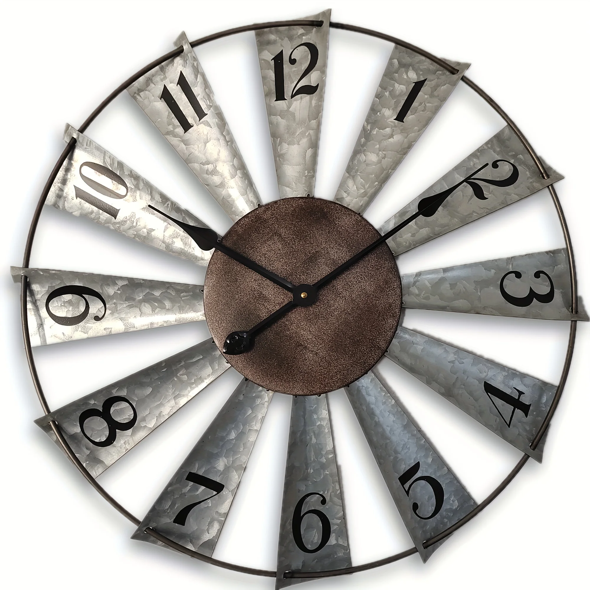 

24 Inch Large Modern Farmhouse Clock, Vintage Analog Clock 3D Windmill Blades, Galvanized Metal Art Room Wall Decor Clocks