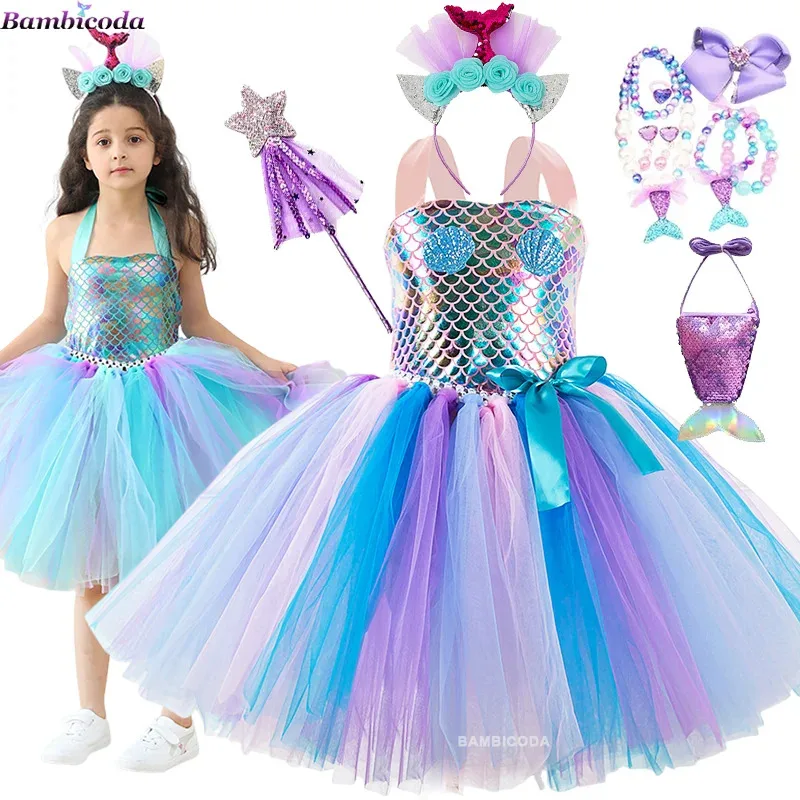 Sky01 Meninas Pequena Sereia Ariel Princesa Vestido GirlsTutu Vestido de Joelho Crianças Aniversário Halloween Carnaval Festa Cosplay MermaidWd01 @