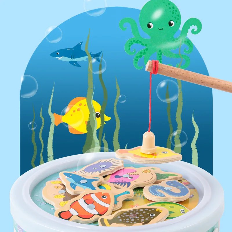 Houten visspeelgoed kinderen vroeg onderwijs oceaan cartoon vat bouwsteen magnetische hengel speelgoed kleuterschool leuk spel