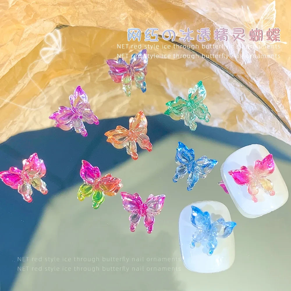 30Pcs New Fashionable Noctilucent Gradient Colorful Butterfly Ice Transparent Color Kawaii Character 3D Resin Nail Charms Parts