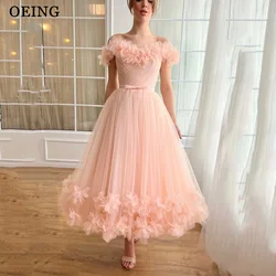 OEING Pastrol Blush Pink Prom Dresses Fairy 3D Flowers Off The Shoulder Party Dress For Women Tea Length Formal Evening Gowns