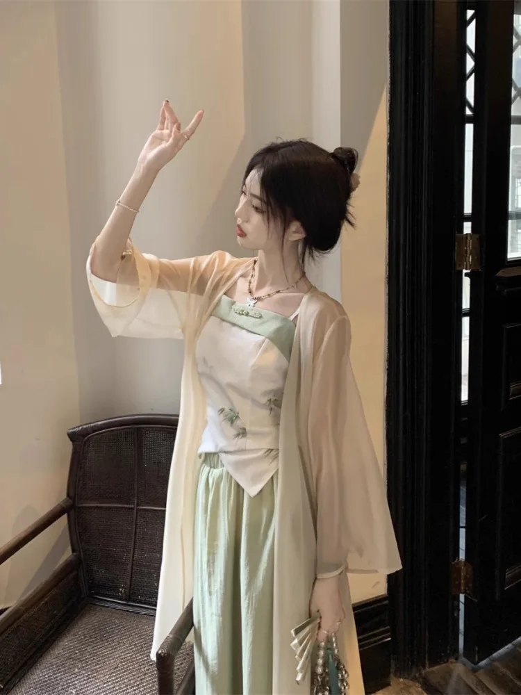 

New Chinese Style Summer Thin Sun Protection Shawl Cardigan Women's Midi Length Outerwear Fashionable Lace Shirt Skirt
