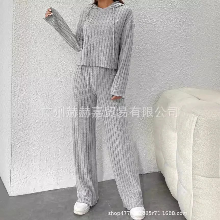 Mulheres conjuntos de duas peças calça conjunto em torno do pescoço manga cheia hoodies malha topos cintura elástica perna larga calças compridas solto casual