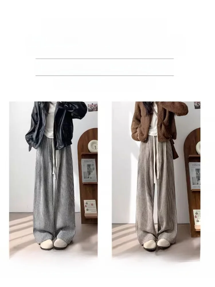 المرأة الخريف الشتاء حجم كبير 200 Pou خمر كسول الطابق طول بنطال ذو قصة أرجل واسعة الكاكي العمودي مخطط السراويل الصوفية #1