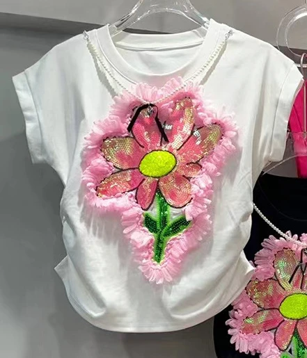 Heavy Embroidery Sequins 3D Cute Flower T-shirt Women 2024 Summer New Street Style Short Sleeve Outer Wear Round Neck Top