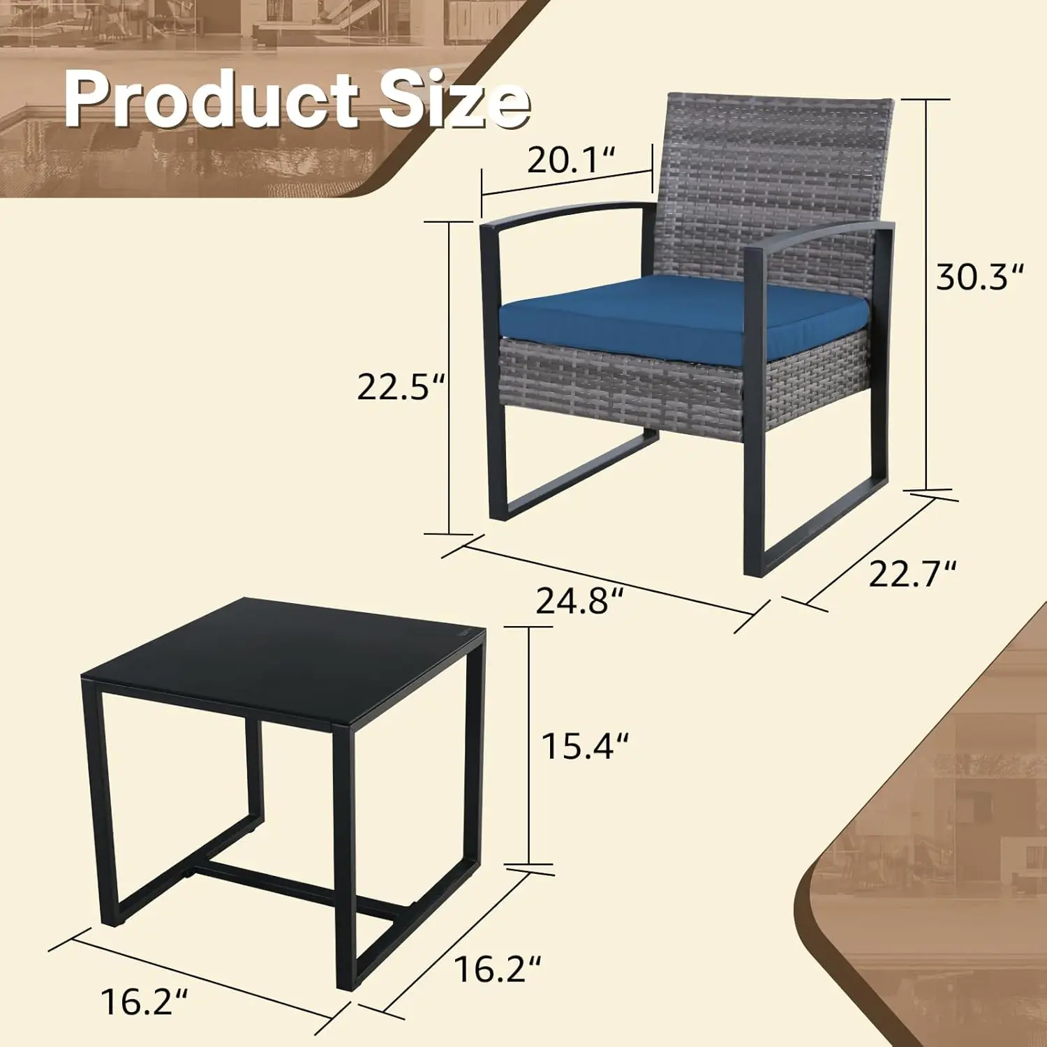 3-teiliges Terrassenmöbel-Set, Terrassen-Set, Patio-Bistro-Set, Allwetter-Korb-Gesprächs set mit Kissen tisch