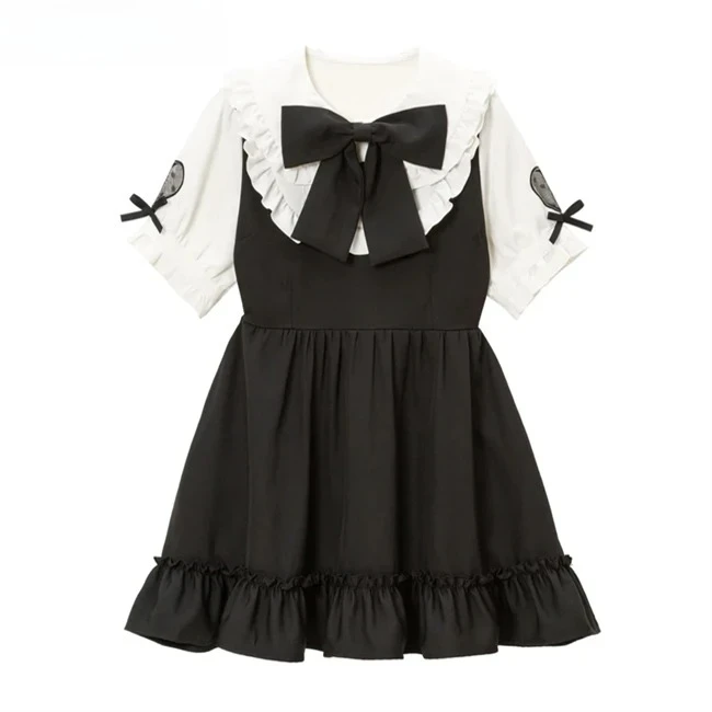 

Japanese Versatile Fungus Edge Big Bow Sweet Cute Lady Color Matching Short-sleeved Dresses Summer New Doll Collar Dress