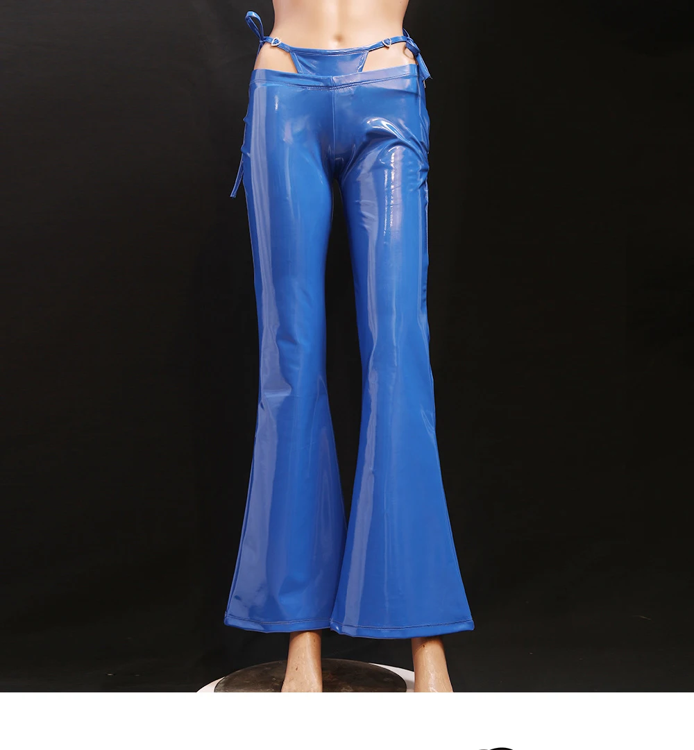 Women Mirror Faux Leather Fake 2Pcs/Set Small G-String Flared Pants Low-Waist Bell-Bottom Trousers PU Latex Hip-Huggers Leggings