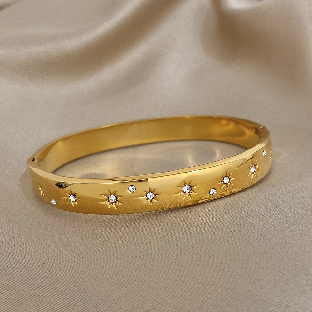 DODOHAO بسيط لامع جولة الفولاذ المقاوم للصدأ الكفة سوار المرأة موضة حجر الراين الشمس الربيع مشبك مفتوح الإسورة مجوهرات هدايا