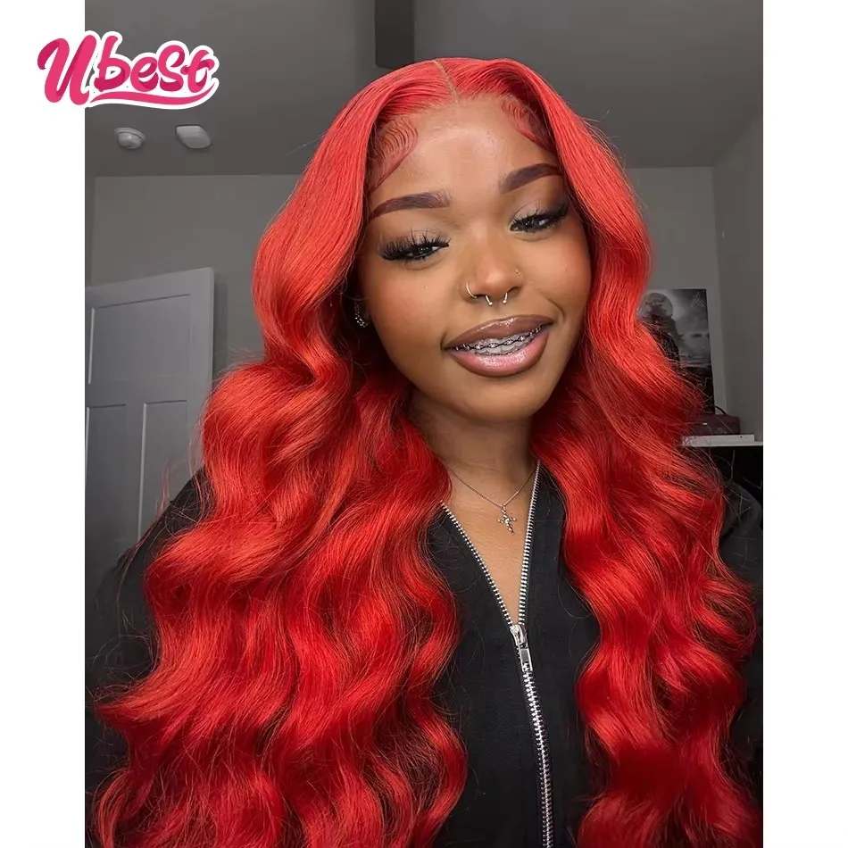 

Ubest Red Colored Cosplay Body Wave 13x6 Lace Front Wigs Brazilian 100％ Human Hair Transparent Glueles Wig Pre Plucked For Women