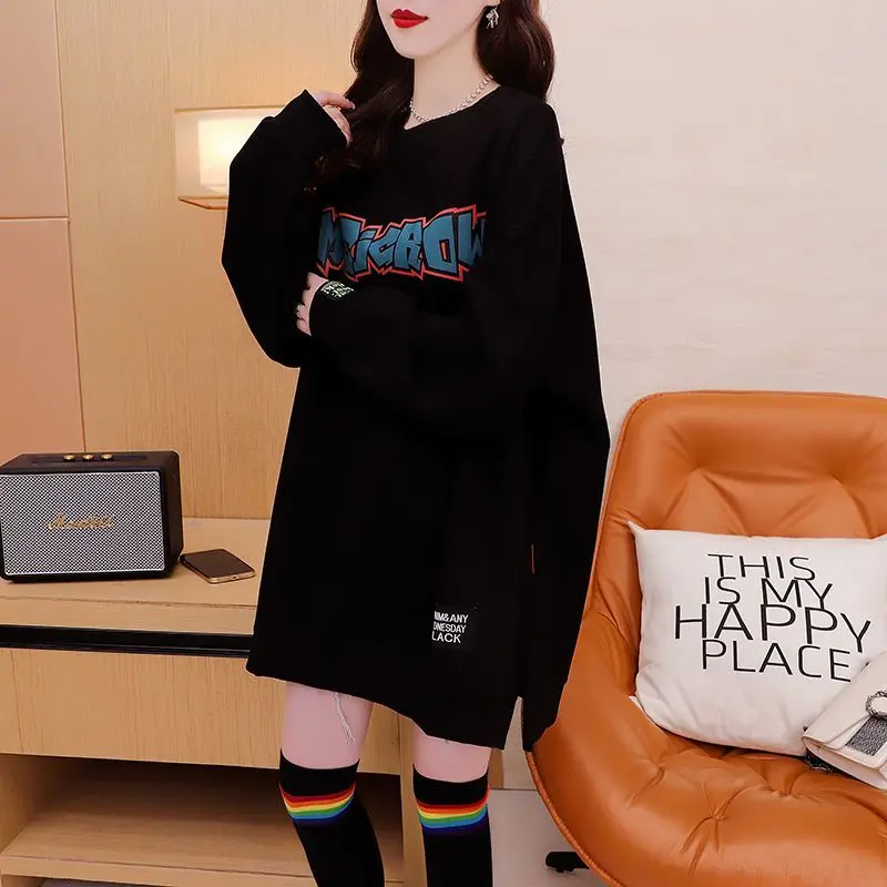 Fashion Printed Letter Slit All-match Sweatshirts Female Clothing 2024 Autumn Winter Loose Casual Warm Tops Korean Sweatshirts