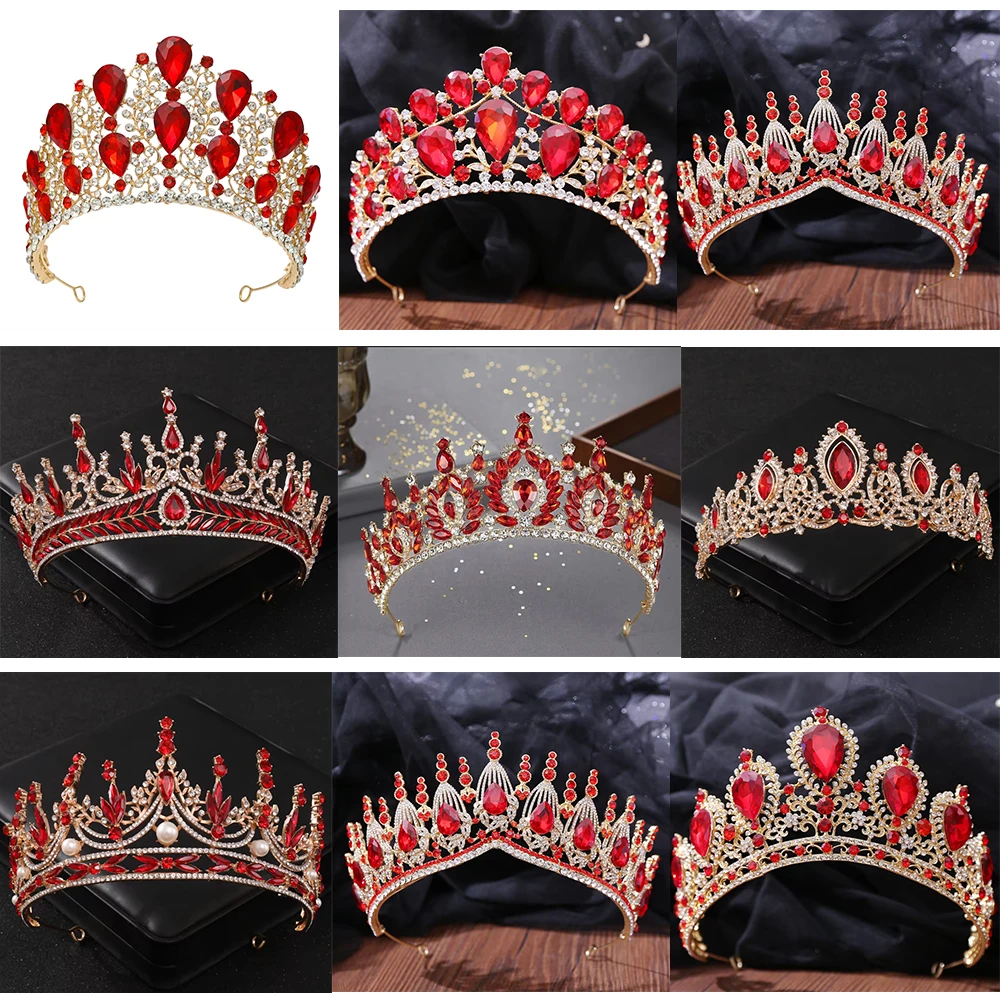 Baroque Red Crystal Tiaras And Crowns Prom Rhinestone Bridal Diadem Crown Taira For Women Wedding Hair Accessories Jewelry Crown
