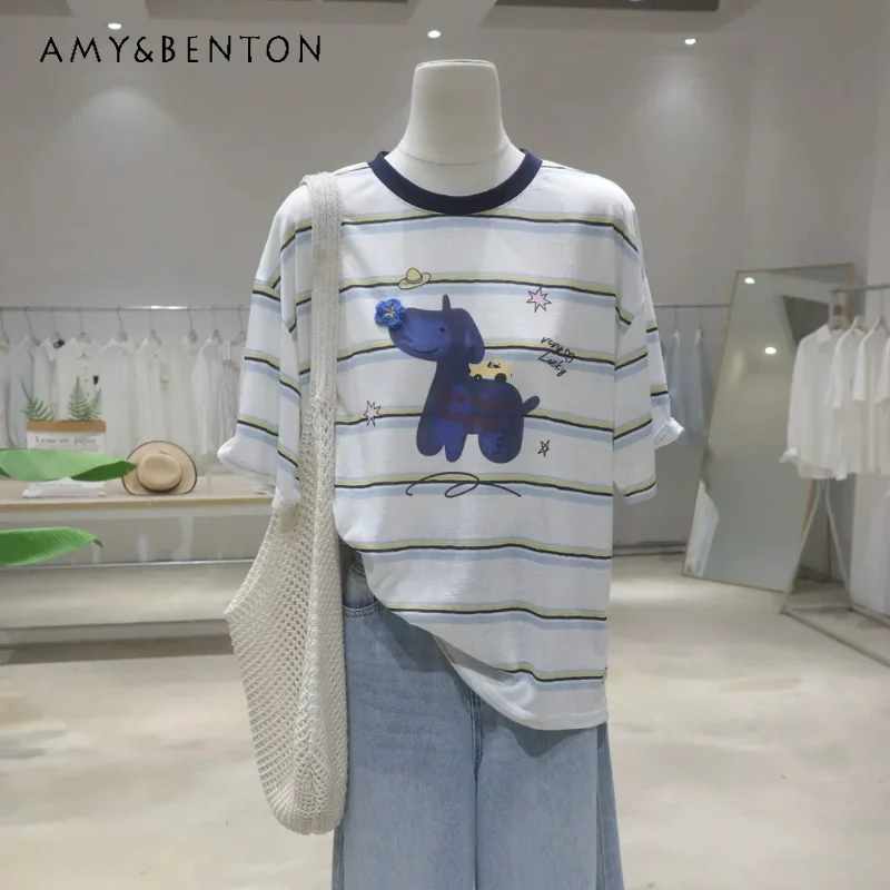 

Thin Breathable Striped T Shirt Women's Floral Cartoon Print Loose Slim Casual Short Sleeves Pullover Age Reducing Daily Tops
