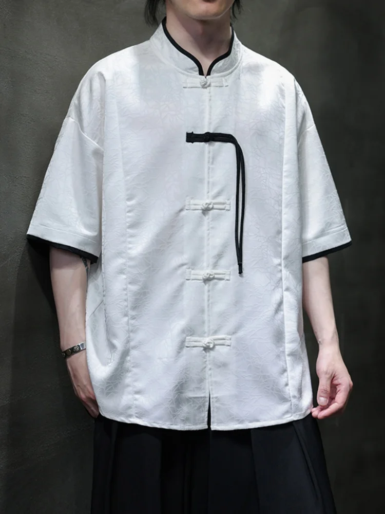 

Новая мужская рубашка в китайском стиле из ледяного шелка, тонкая, с коротким рукавом, на пуговицах, летняя, модная, в стиле ханьфу, модифицированный костюм династии Тан