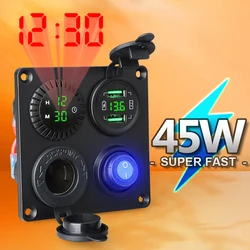 45W 자동차 충전기 스위치 패널 전압계 듀얼 USB 소켓 12V 4.2A 담배 라이터 ON/Off 로커, 4 인 1 캠핑 모토 전원 어댑터