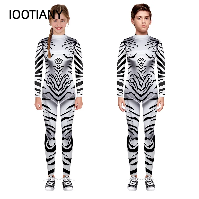 Kostiumy dla dzieci Cosplay nadruk wzór lamparta kombinezony dla chłopców dziewczynki tygrys body smok paw garnitur dla występ na imprezie