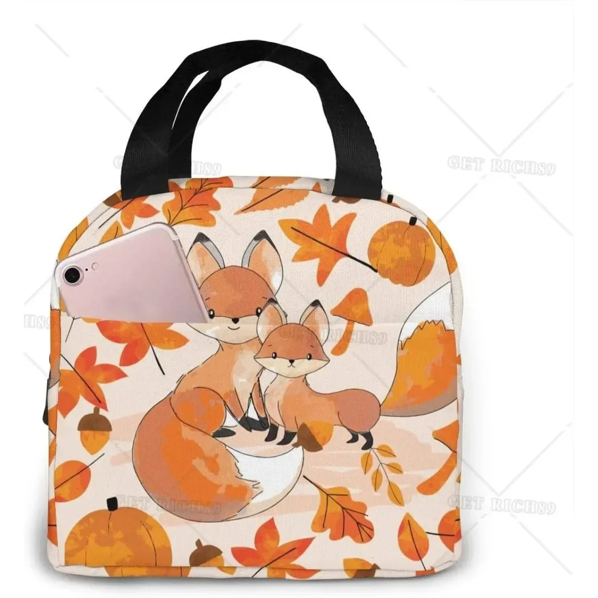 Autumn Cute Fox Lunch Bag Insulated Lunch Box Cooler Tote For Picnic Camping Work Travel