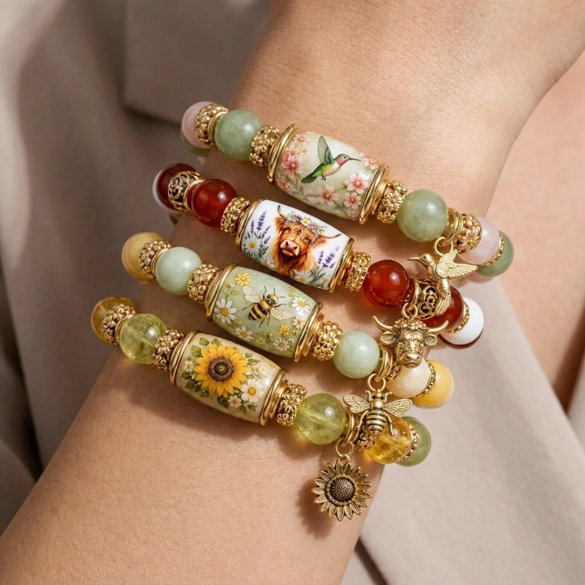 Zarte Armbänder im Frühlingsgarten-Stil mit Glasperlen für Damen und Herren, mit Charm-Anhängern wie Kolibri, Sonnenblume, Biene und Ochsenkopf, Heilschmuck. – Detail 22