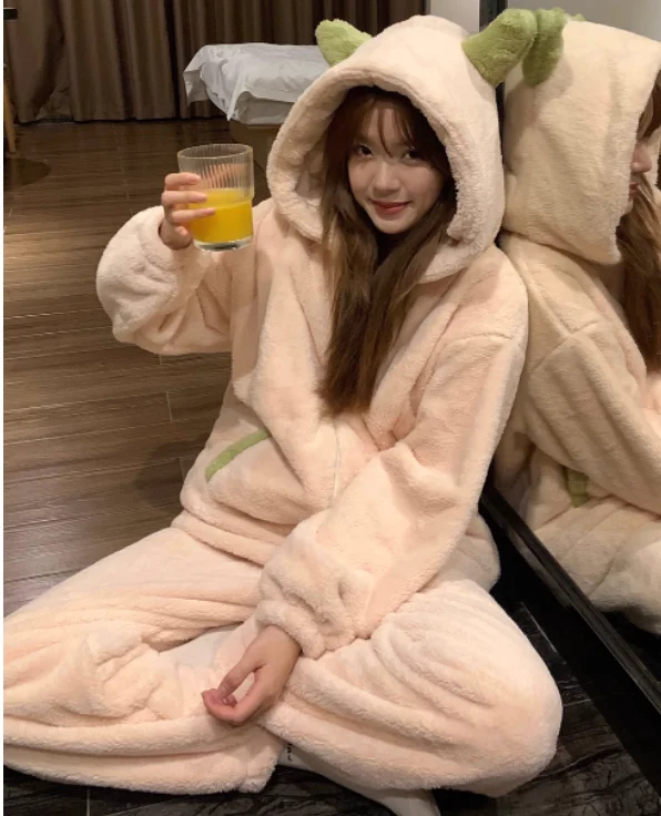 كبيرة الحجم النساء الشتاء سميكة لطيف المرجان بيجامة من الصوف موضة تنوعا تخفيض العمر فضفاضة مريحة مقنعين منامة مجموعة #4