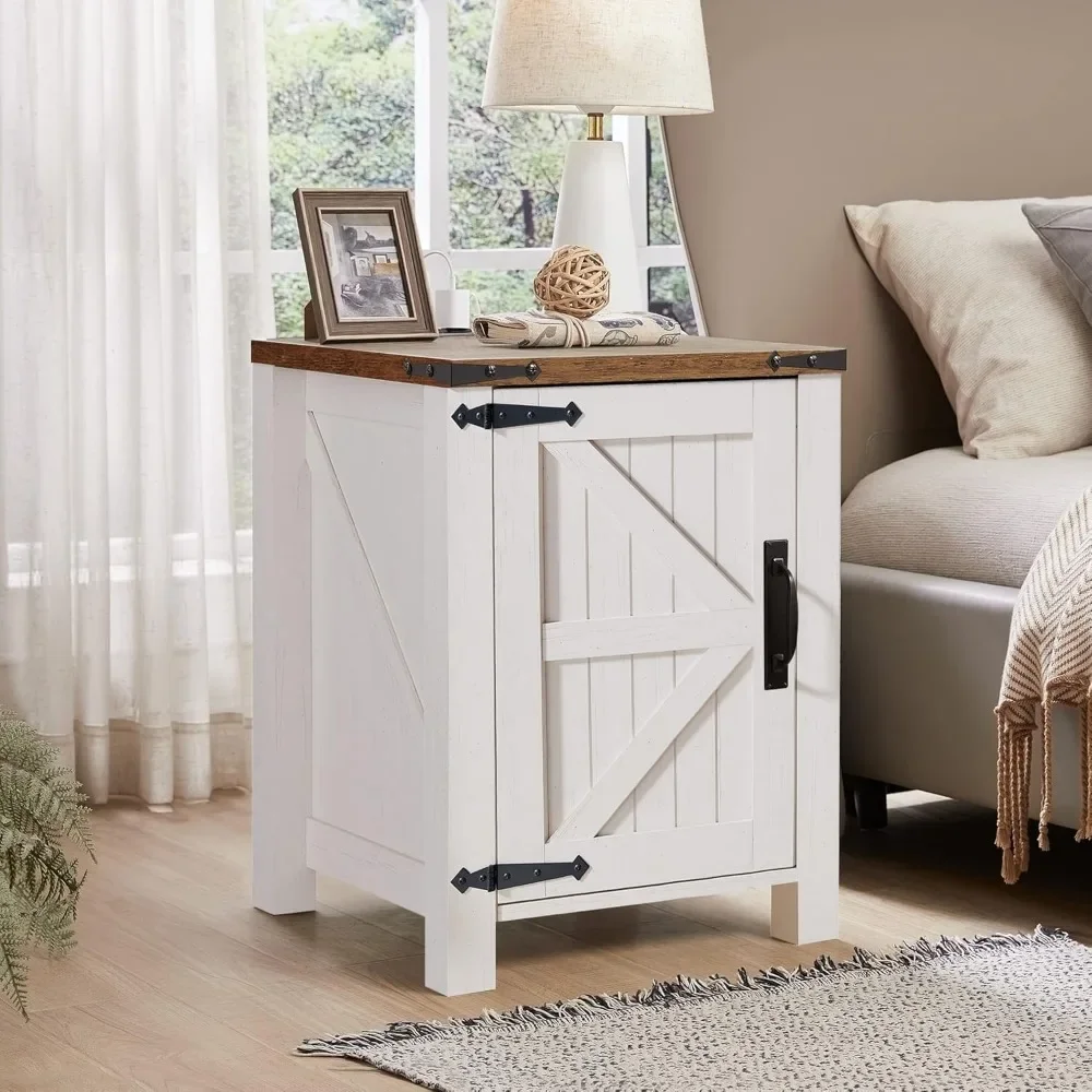 Nightstand with Charging Station, 18 Inch Farmhouse End Table with Barn Door and Adjustable Storage Shelf