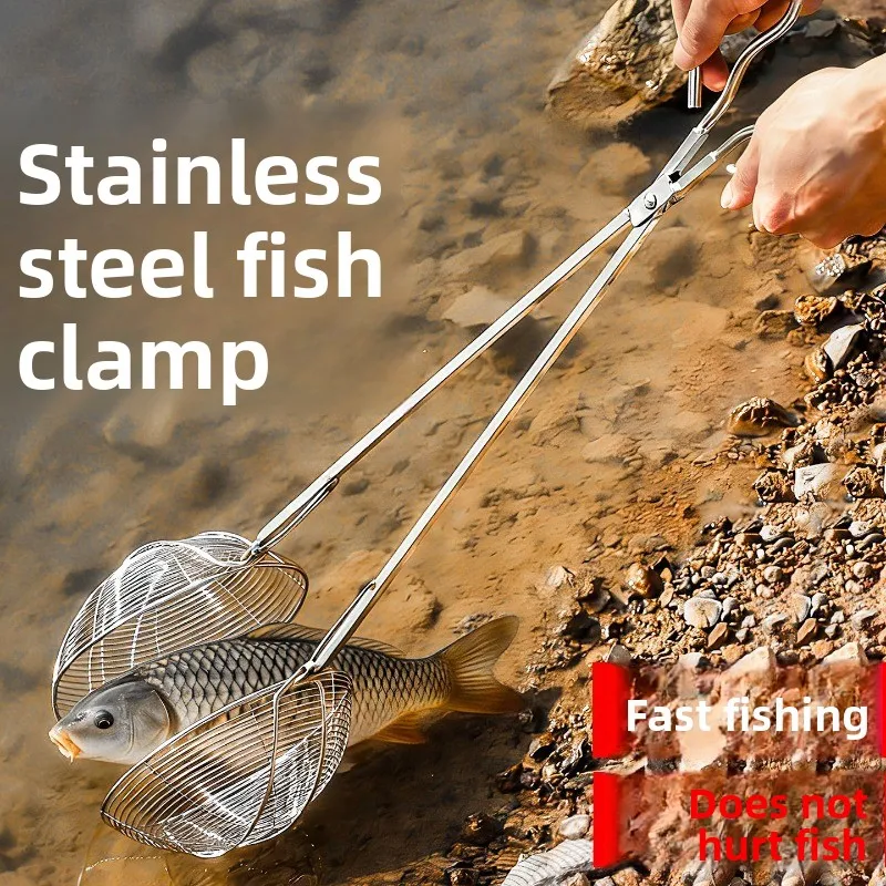 Stainless Steel Fish Grabber,  Long Handle Fishing Net Clamp, Heavy Duty Catch Fish Tool for Outdoor
