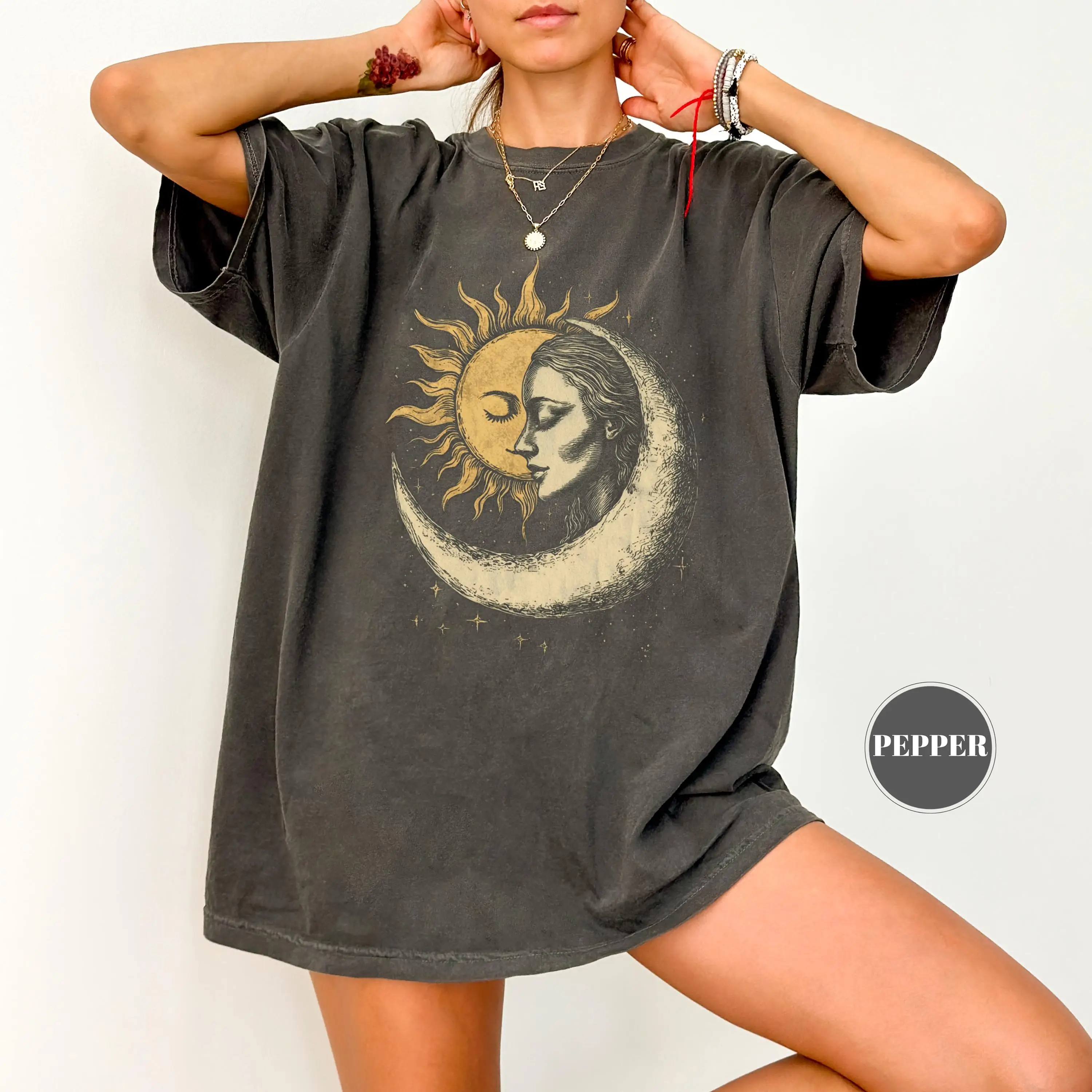 

Plus Size Women's Vintage Sun and Moon Print T-Shirt Pure Cotton Breathable Stylish Versatile Street Style Streetwear Oversized