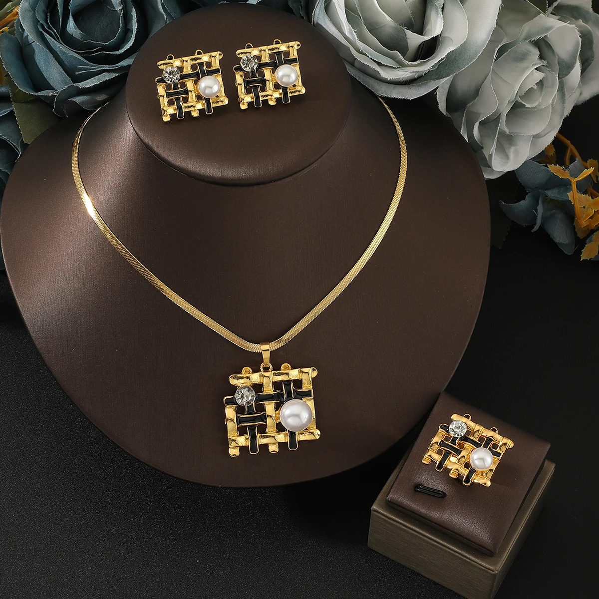 Exquisite Fashion Geometric Pearl Double Layer Chain  Necklace Earrings Ring 3 Piece Set Wedding Jewelry Set Birthday Gift