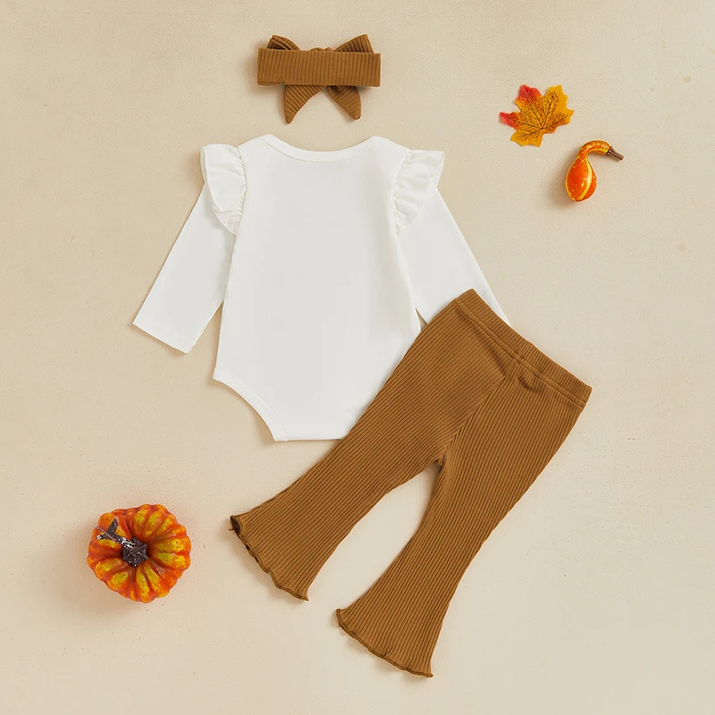 2024-06-21 Lioraitiin Baby Girl Halloween Outfit, Pumpkin Print Ruffle Long Sleeve Romper Ribbed Flare Pants Headband 3Piece Set