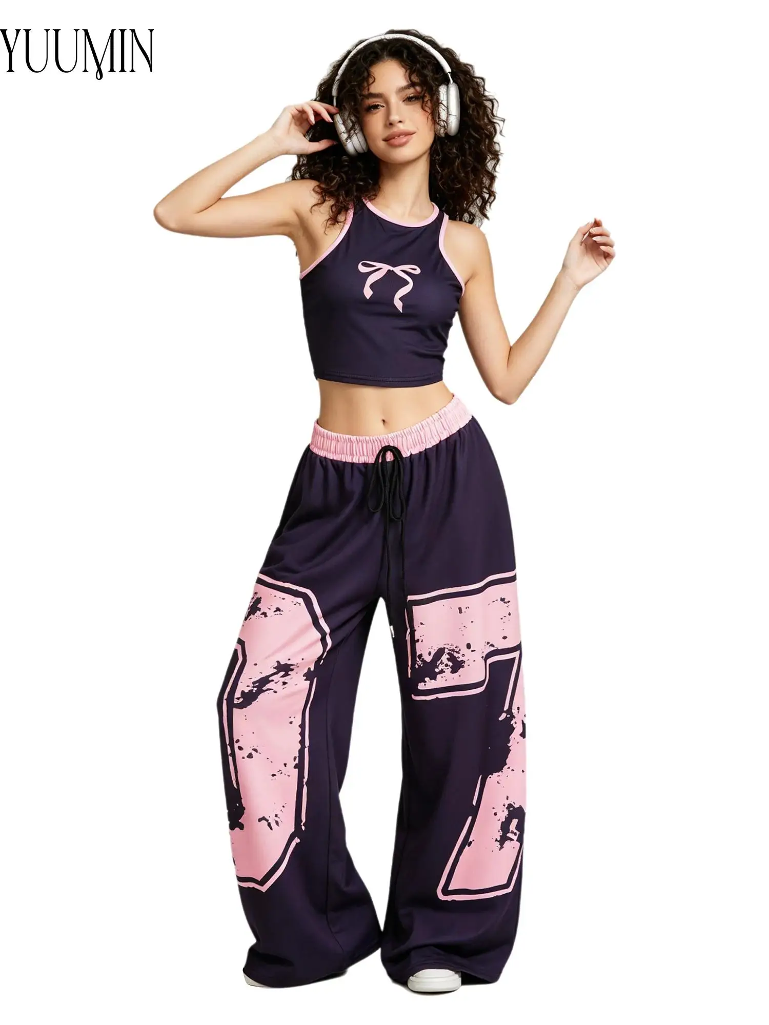 Women Hip Hop Jazz Dance Set Tank Top Elastic Waistband Wide Leg Pants Quick Dry Breathable Stretchy Summer Sport Performance