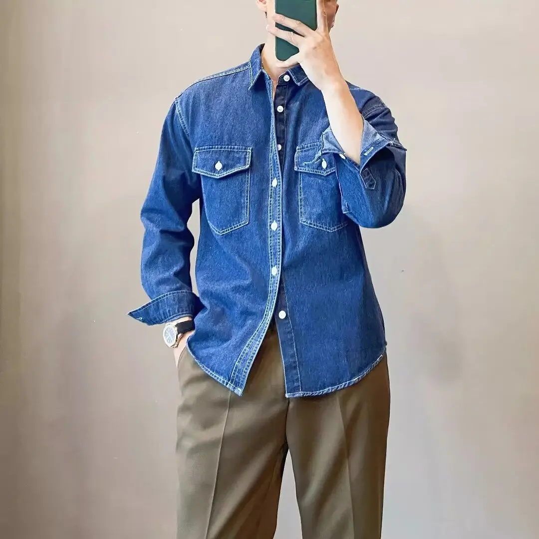 

Spring Autumn Fashion Men's Loose Washed Blue Solid Color Simple Basic Casual Trendy Turn-down Collar Long Sleeve Shirts Tops