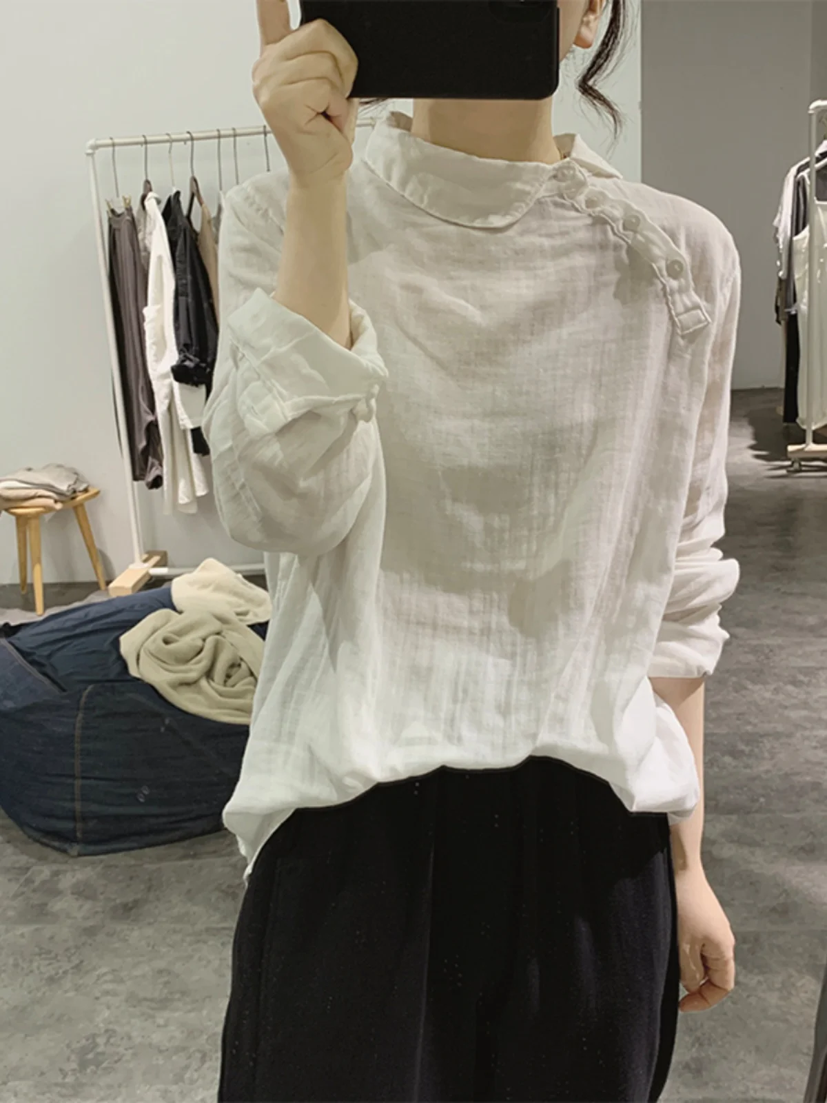 

Faionable Long Sve Women's irt Spring Autumn Loose Fit Overhead Sle Japanese Brand Classic Collar Button Detail