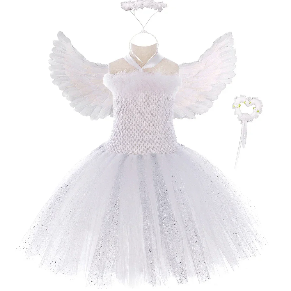 Funkelndes weißes Engel-Tutu-Kleid für Mädchen, Performance-Kleidung, geeignet für Halloween, Geburtstagsfeiern und alltägliche Freizeitkleidung – Detail 3