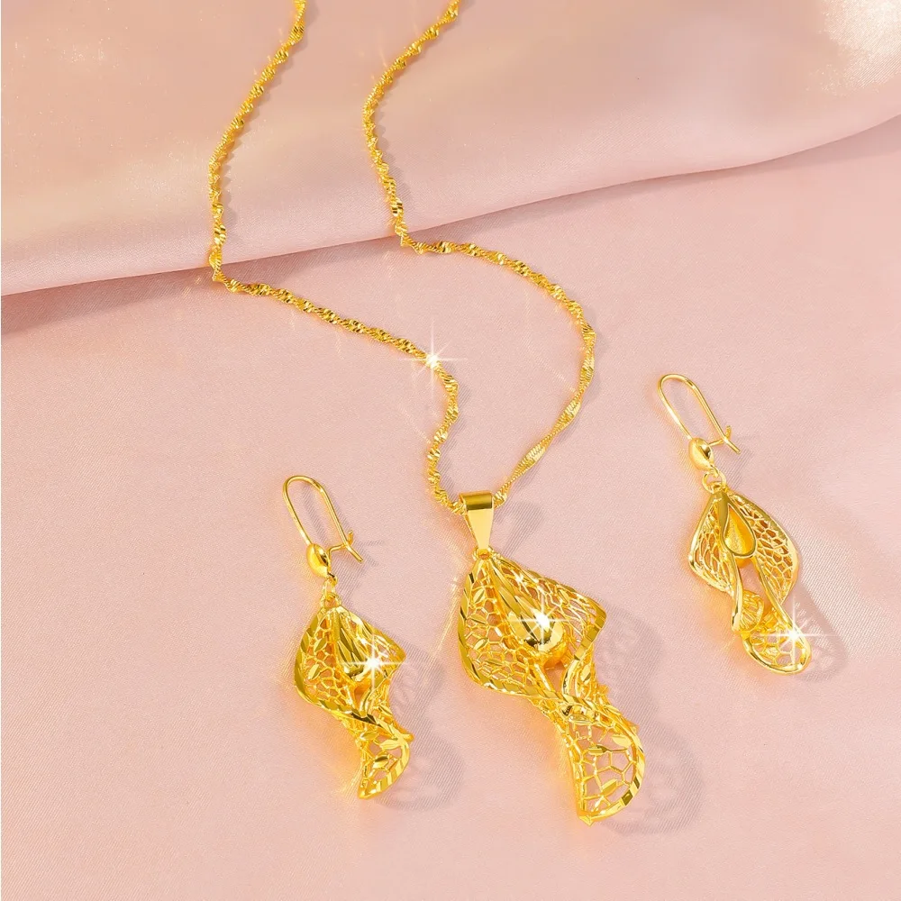

Luxury 24K 9999 Pure Gold real gold Wedding suit Hollow Leaves Water Drops Women's Necklace Earrings