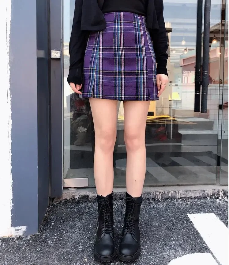 Women\'s High-Waisted Chequered Skirt, A-shaped Short Skirt, Purple and Blackish Green, Street Style, Charming Fashion, XS-5XL