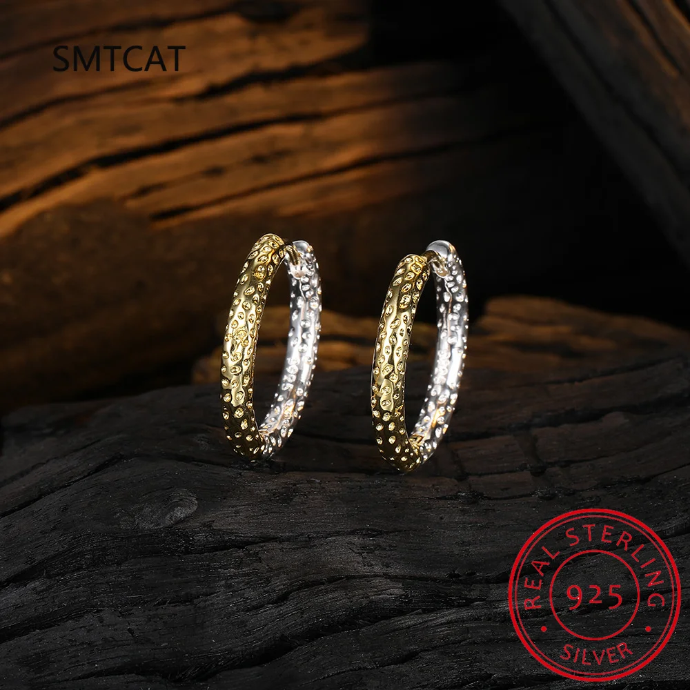 Real 925 Sterling Silver Textured Round Earrings for Women Girls Korean Fashion Vintage Jewelry Friends Gift Party image 4